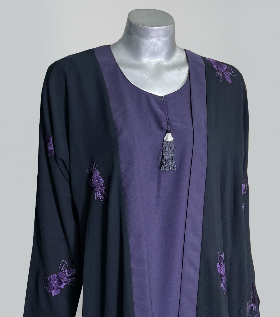 Black – Purple Embroidered Front Open Abaya | Luxe Nidha Fabric