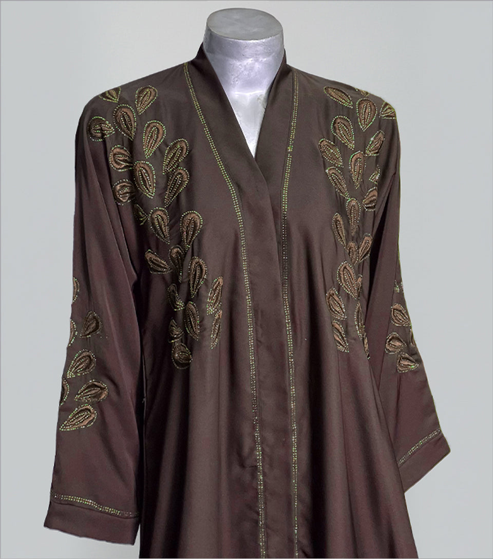 Elegant Brown Embroidered Abaya – Luxe Korean Nida Open Gown for Casual & Formal Wear