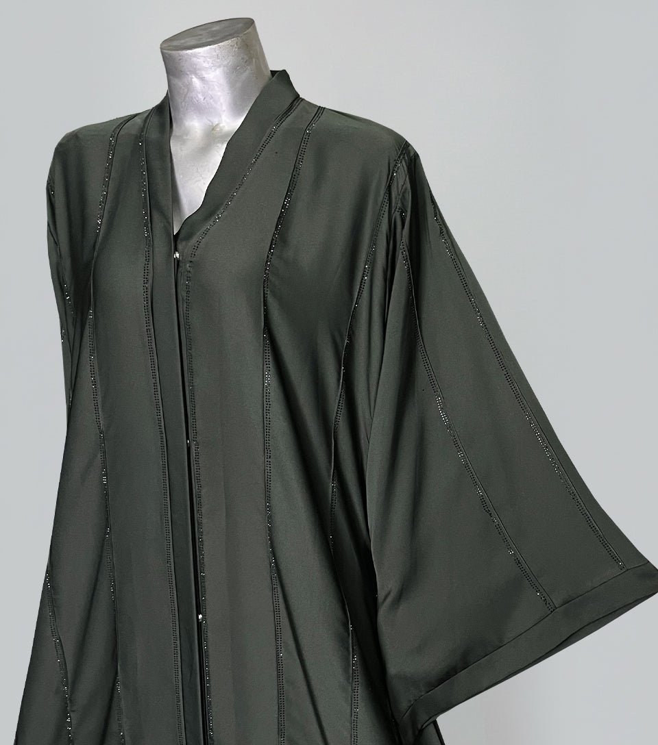 Dark Green Fancy Open-Style Abaya – Luxe Korean Nidha with Crystal & Bead Detailing