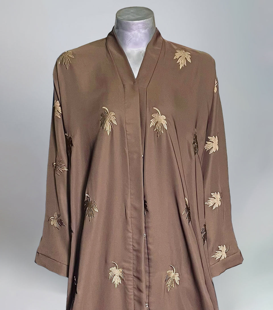 Elegant Greyish Brown Embroidered Abaya – Luxe Korean Nidha Open Gown