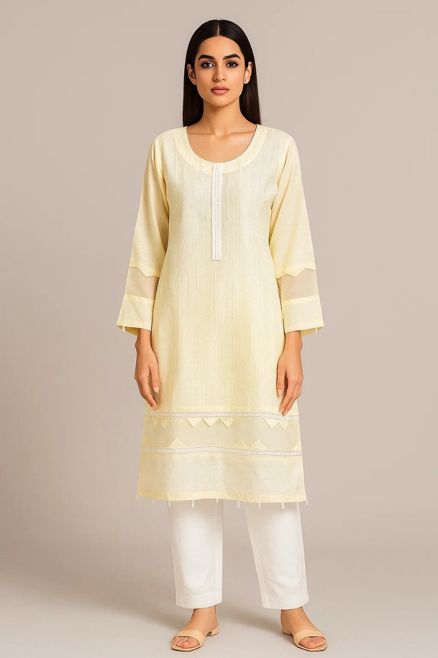 Light Yellow Self print Party Wear Linen Kurti