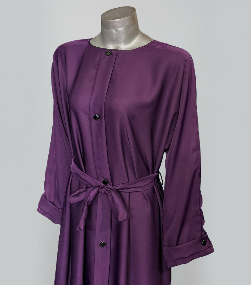 Elegant Purple Embellished Abaya – Korean Nidha Fabric | Button-Down Maxi with Belt