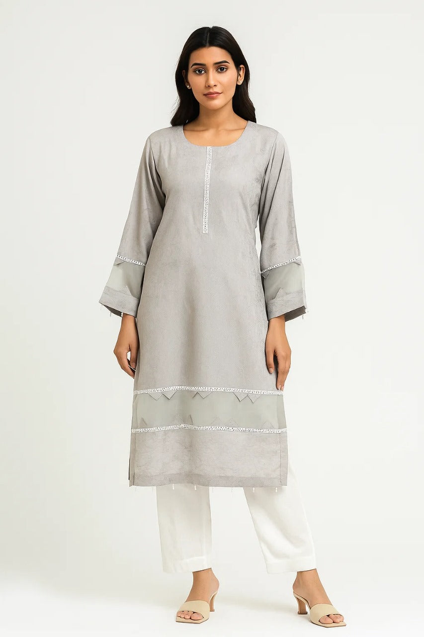 Quill Grey self print Lace Work Linen Kurti