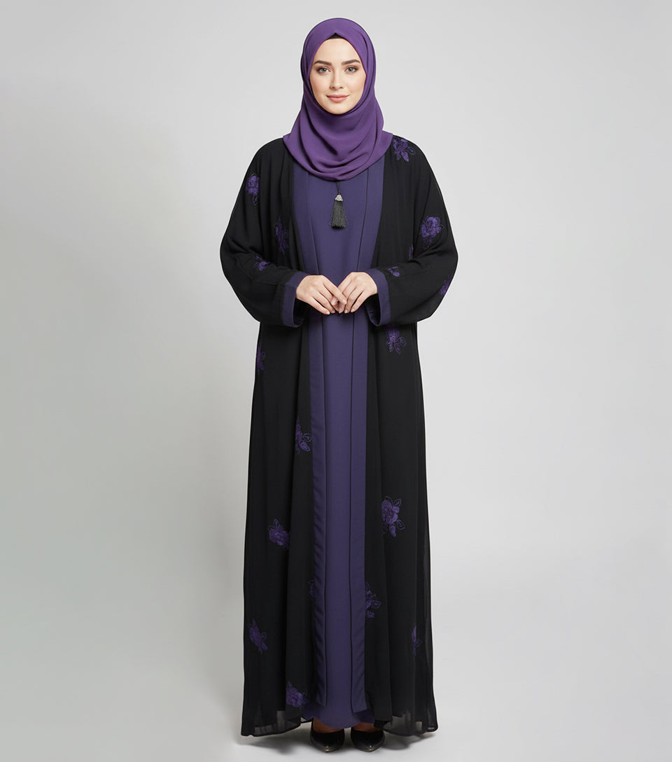 Black – Purple Embroidered Front Open Abaya | Luxe Nidha Fabric