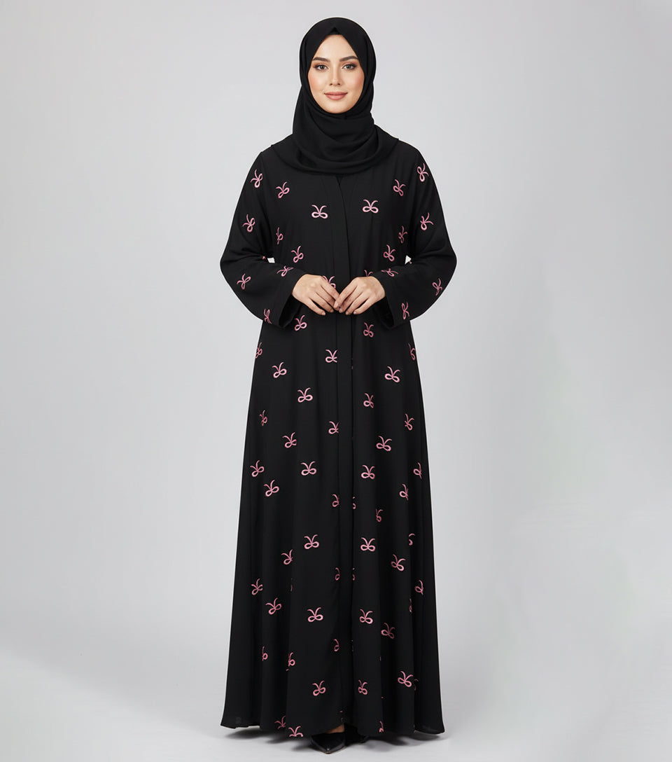 Elegant Black Embroidered Abaya – Luxe Nidha Open Gown with Pink Detailing