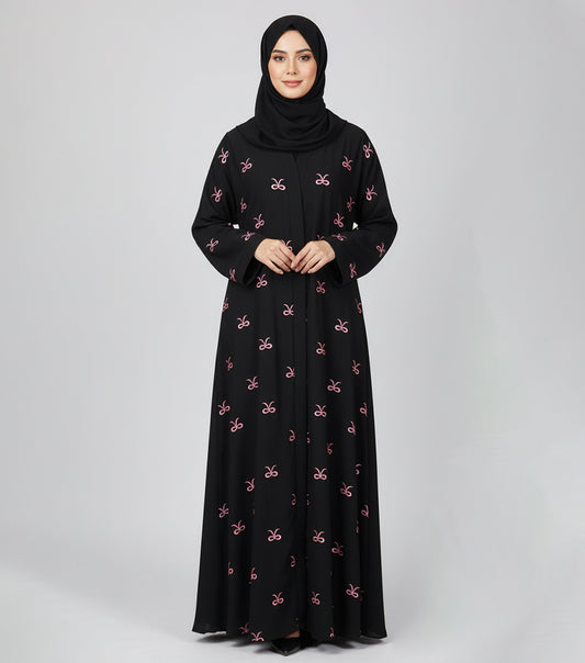 Elegant Black Embroidered Abaya – Luxe Nidha Open Gown with Pink Detailing
