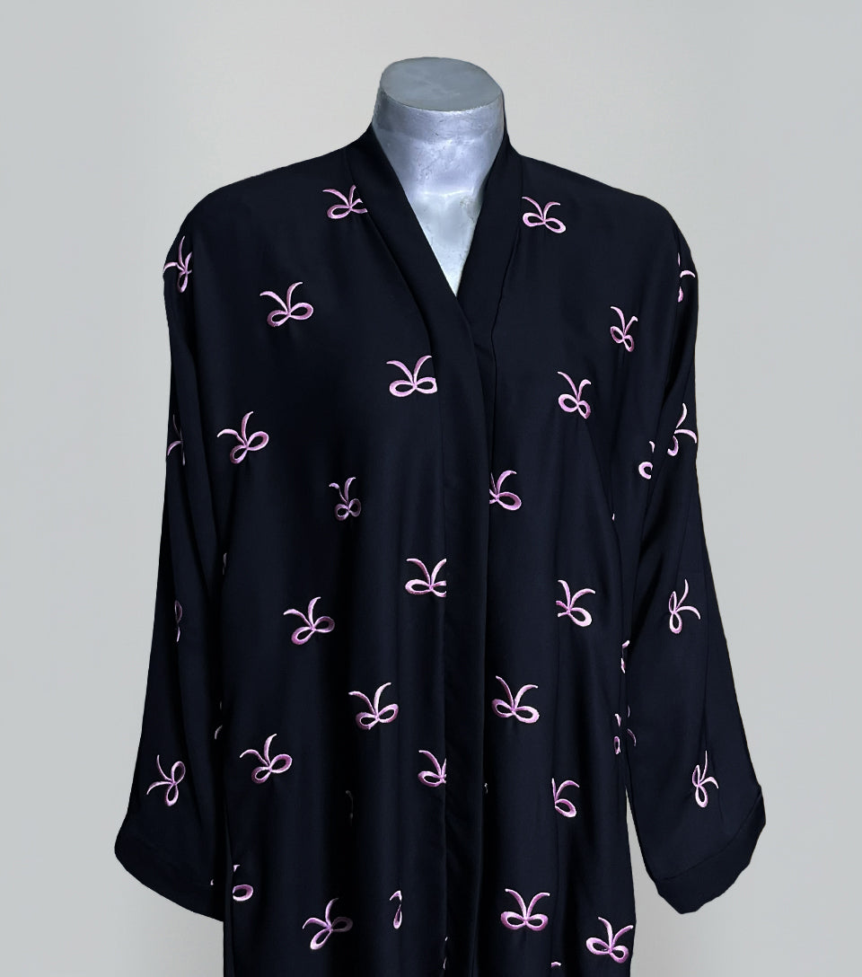 Elegant Black Embroidered Abaya – Luxe Nidha Open Gown with Pink Detailing