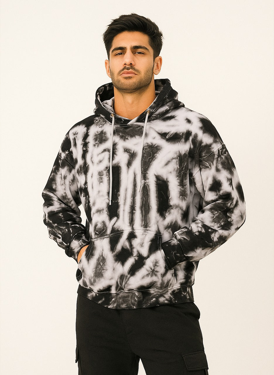 Black & White Men’s Oversized Cotton Tie Dye Hoodie – Streetwear Pullover