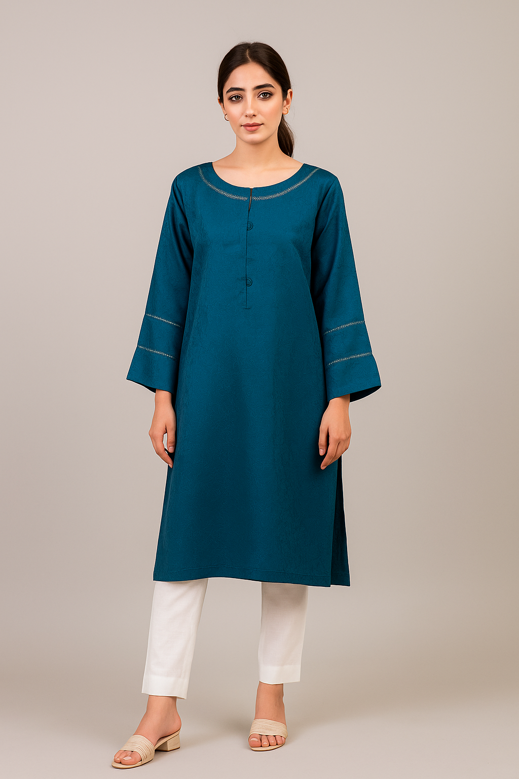 Bluish Cyan Self Printed Linen Kurti