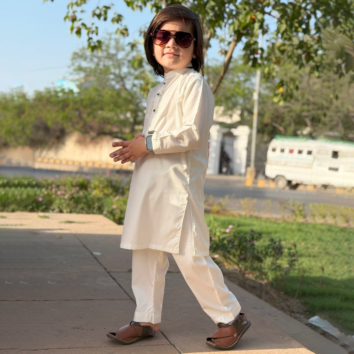 Boys Off White Shalwar Kameez
