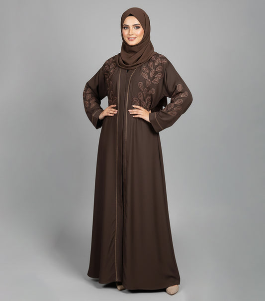 Elegant Brown Embroidered Abaya – Luxe Korean Nida Open Gown for Casual & Formal Wear