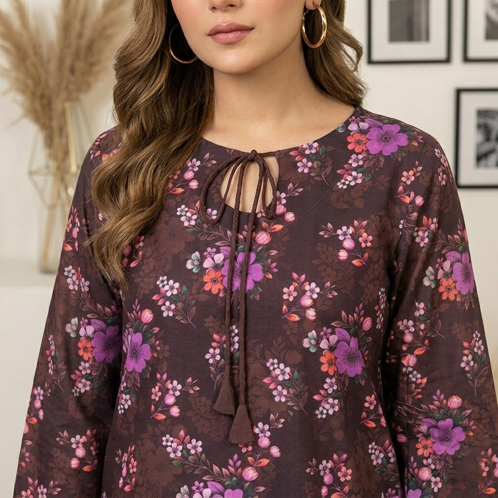 Chocolate Printed Lawn 3 Piece Suit