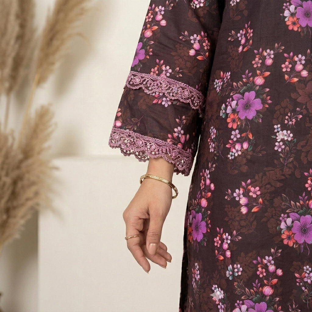 Chocolate Printed Lawn 3 Piece Suit