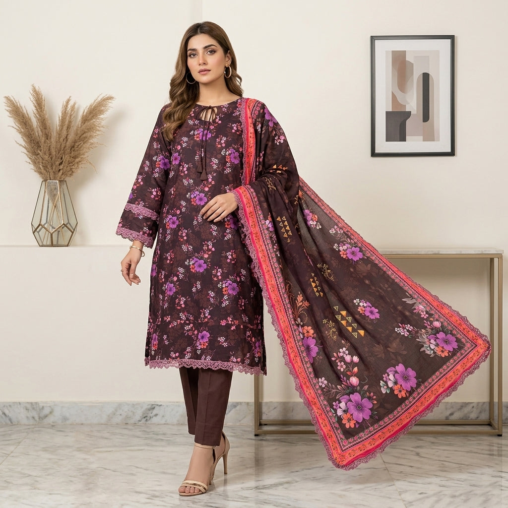 Chocolate Printed Lawn 3 Piece Suit