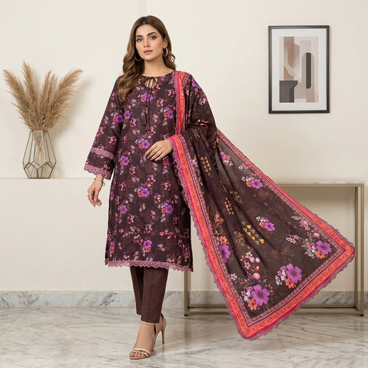 Chocolate Printed Lawn 3 Piece Suit
