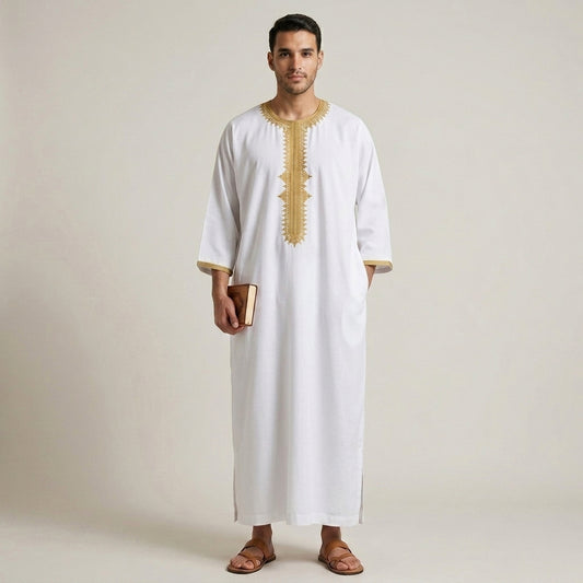 Classic Embroidered White and Gold Moroccan Thobe