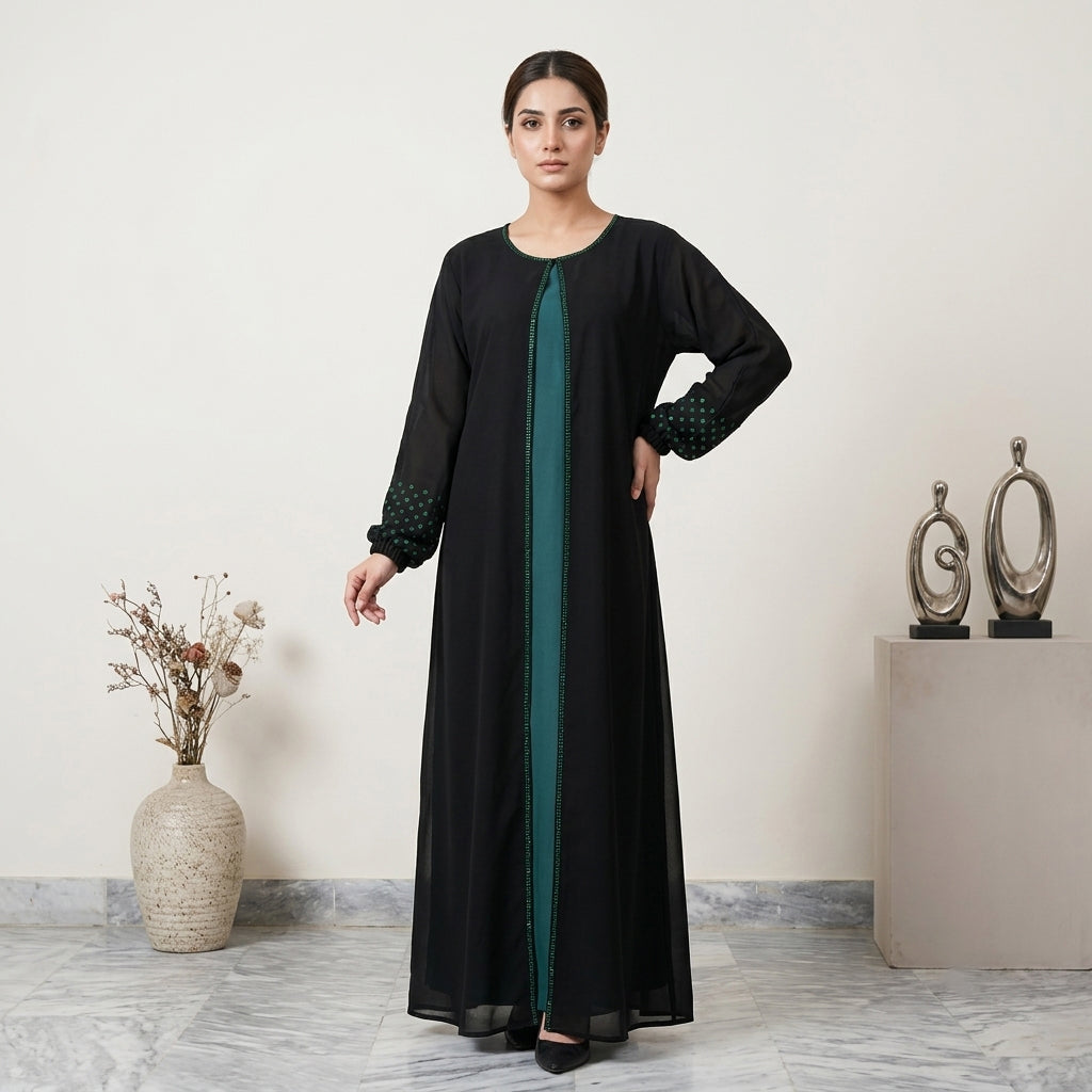 Crystal Beaded Black Open Abaya