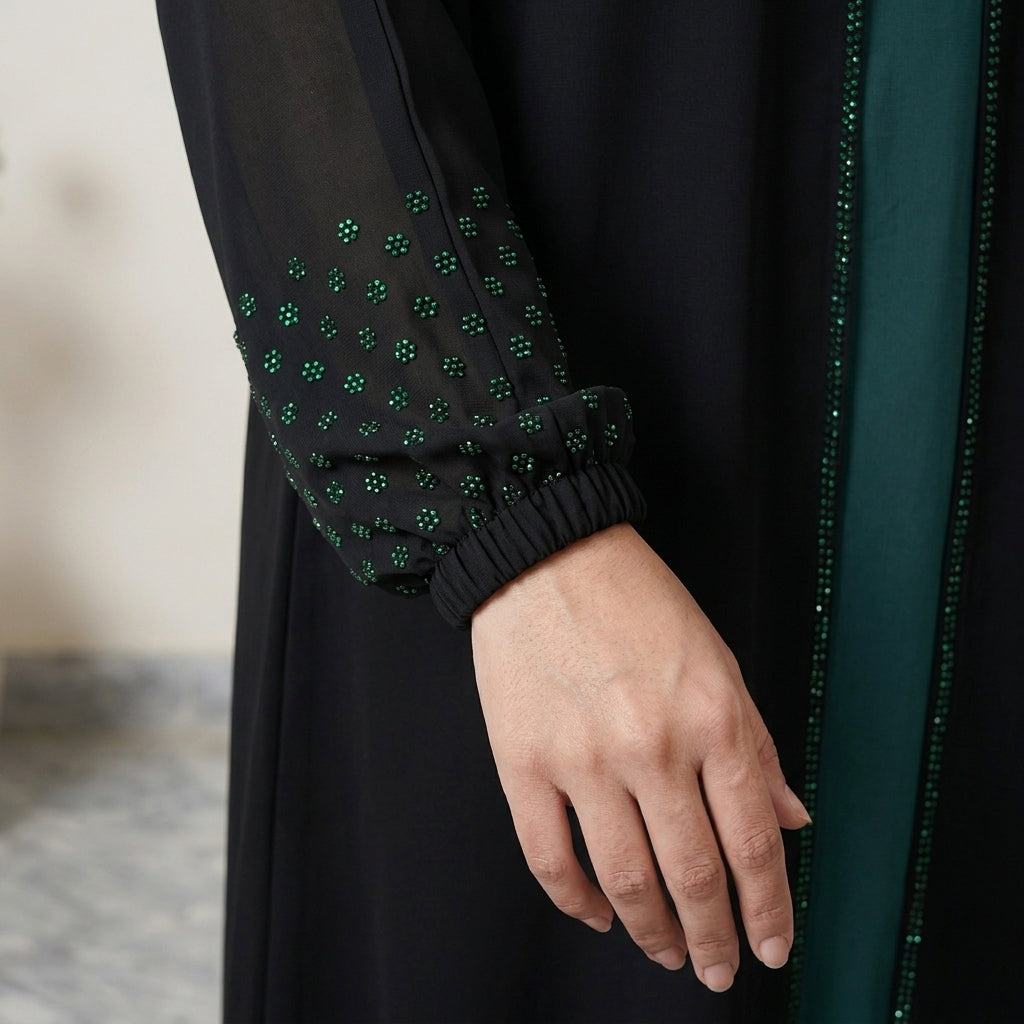 Crystal Beaded Black Open Abaya