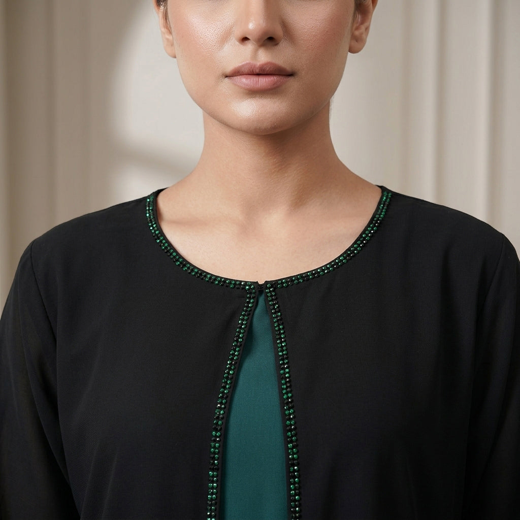 Crystal Beaded Black Open Abaya