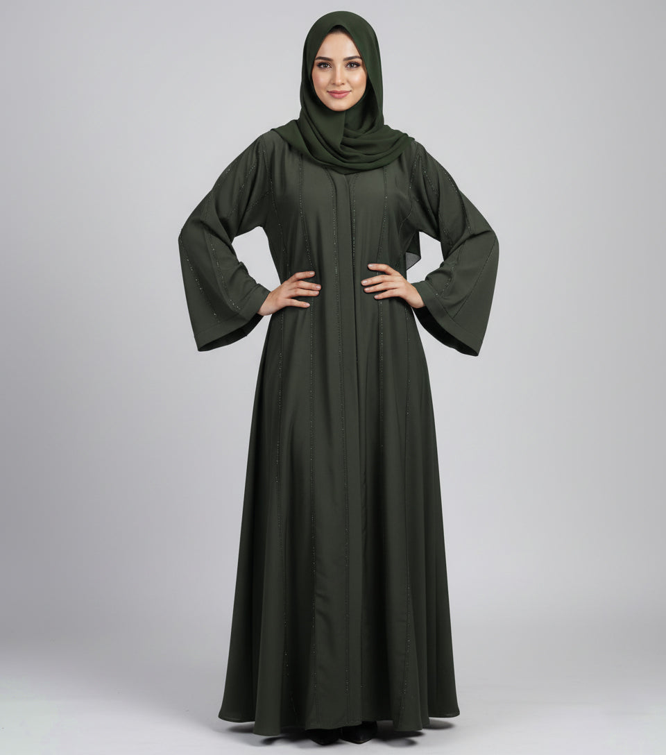 Dark Green Fancy Open-Style Abaya – Luxe Korean Nidha with Crystal & Bead Detailing