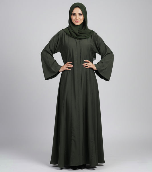 Dark Green Fancy Open-Style Abaya – Luxe Korean Nidha with Crystal & Bead Detailing