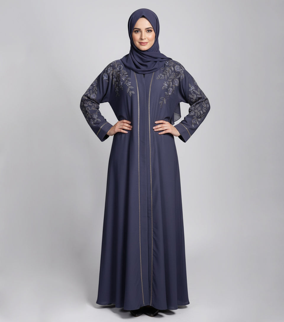 Dark Grey Embroidered Fancy Abaya – Luxe Nidha Open Gown Style