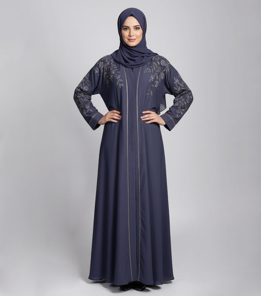 Dark Grey Embroidered Fancy Abaya – Luxe Nidha Open Gown Style