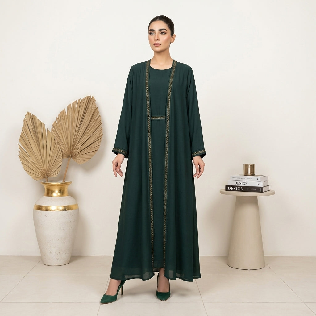 Forest Green Gold Trim Abaya