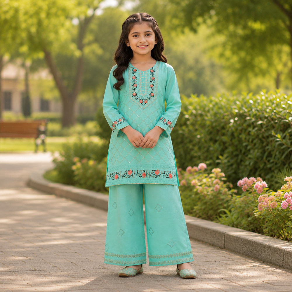 Girls Aqua Cyan Embroidered 2pc Suit