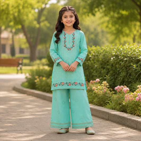 Girls Aqua Cyan Embroidered 2pc Suit