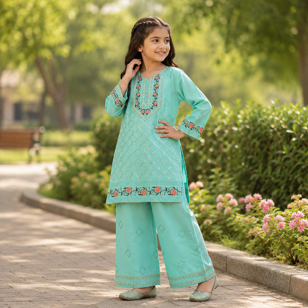 Girls Aqua Cyan Embroidered 2pc Suit