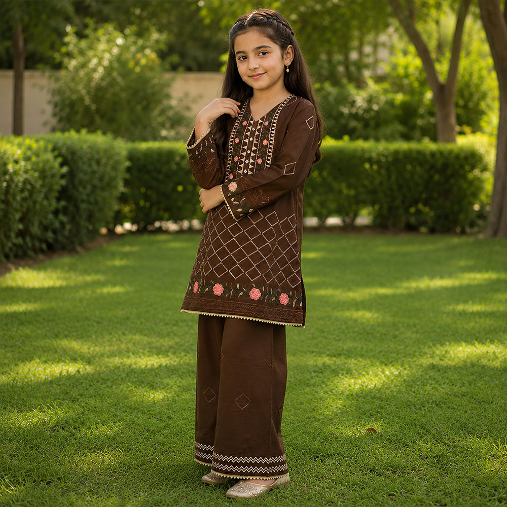 Girls Chocolate Brown Embroidered 2pc Suit