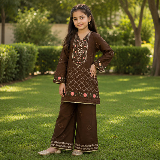 Girls Chocolate Brown Embroidered 2pc Suit