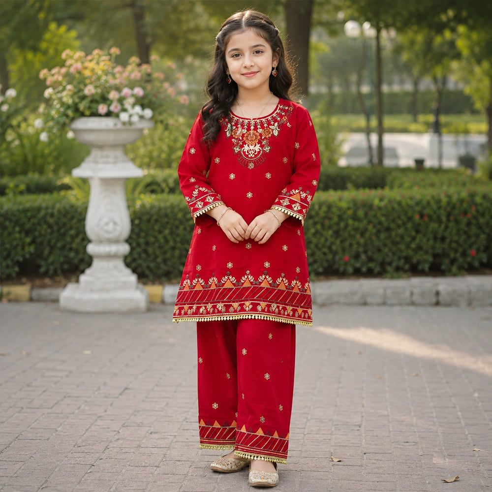 Girls Crimson Red Embroidered 2pc Suit