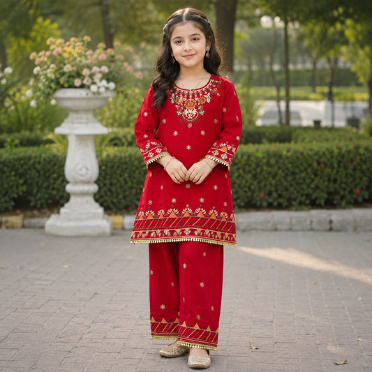 Girls Crimson Red Embroidered 2pc Suit