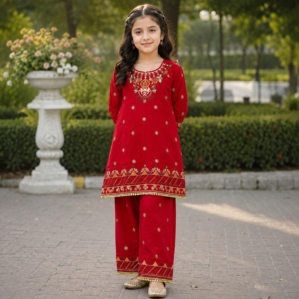 Girls Crimson Red Embroidered 2pc Suit