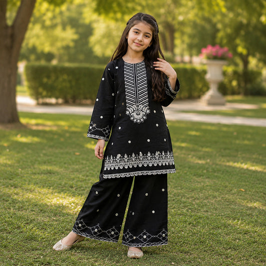 Girls Jet Black Embroidered 2pc Suit