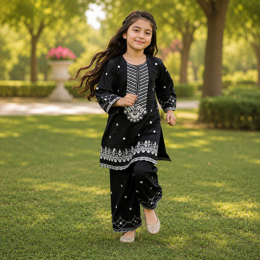 Girls Jet Black Embroidered 2pc Suit
