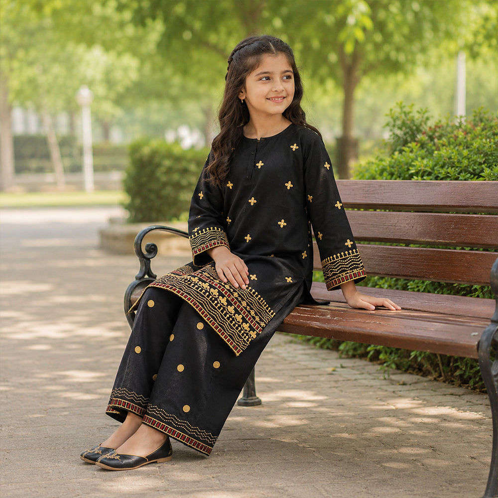 Girls Jet Black & Gold Embroidered 2pc Suit