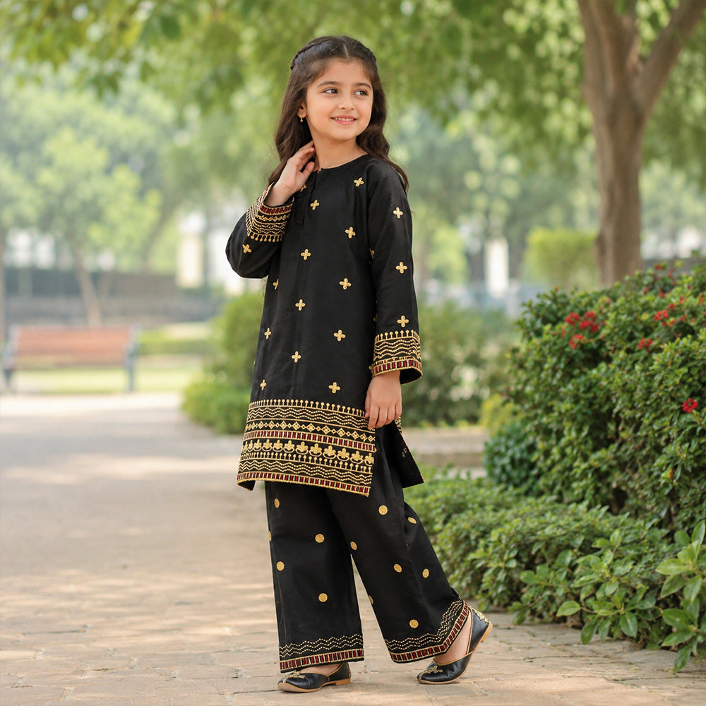Girls Jet Black & Gold Embroidered 2pc Suit