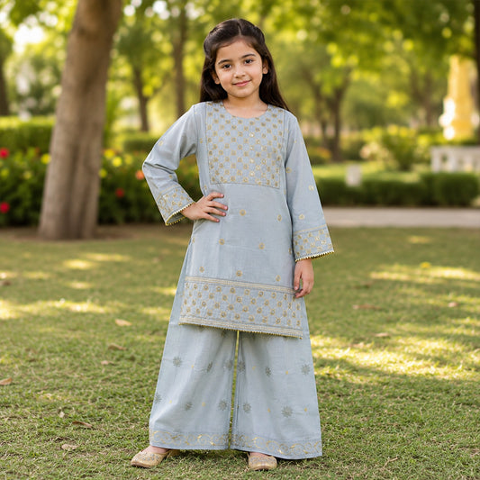 Girls Light Grey Embroidered 2pc Suit
