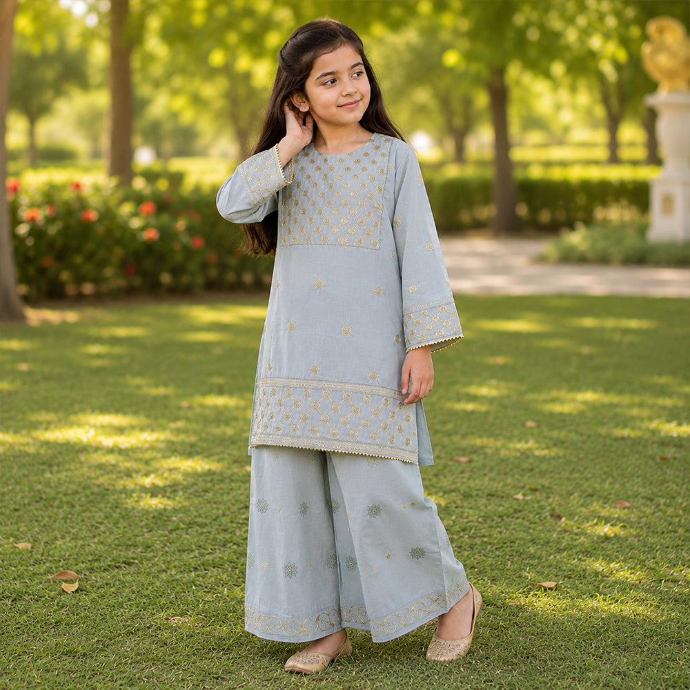 Girls Light Grey Embroidered 2pc Suit