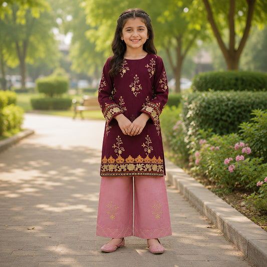 Girls Maroon & Baby Pink Contrast Embroidered 2pc Suit
