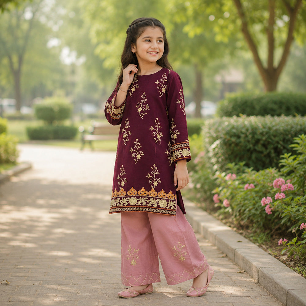 Girls Maroon & Baby Pink Contrast Embroidered 2pc Suit