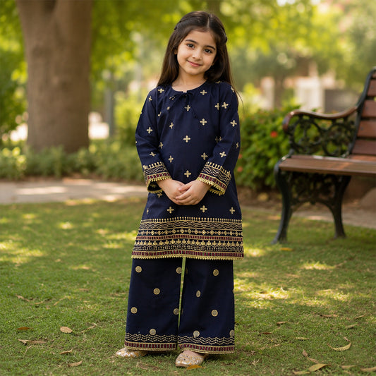 Girls Midnight Navy Blue  Embroidered 2pc Suit