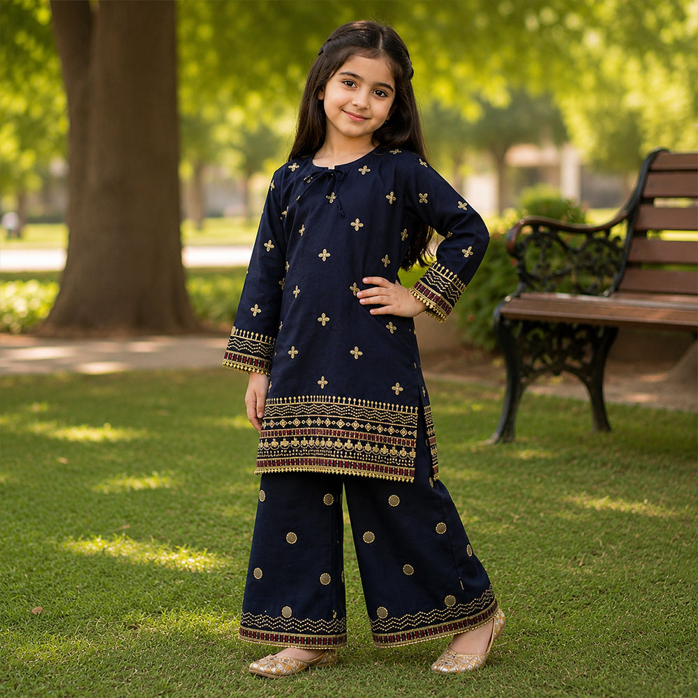 Girls Midnight Navy Blue  Embroidered 2pc Suit