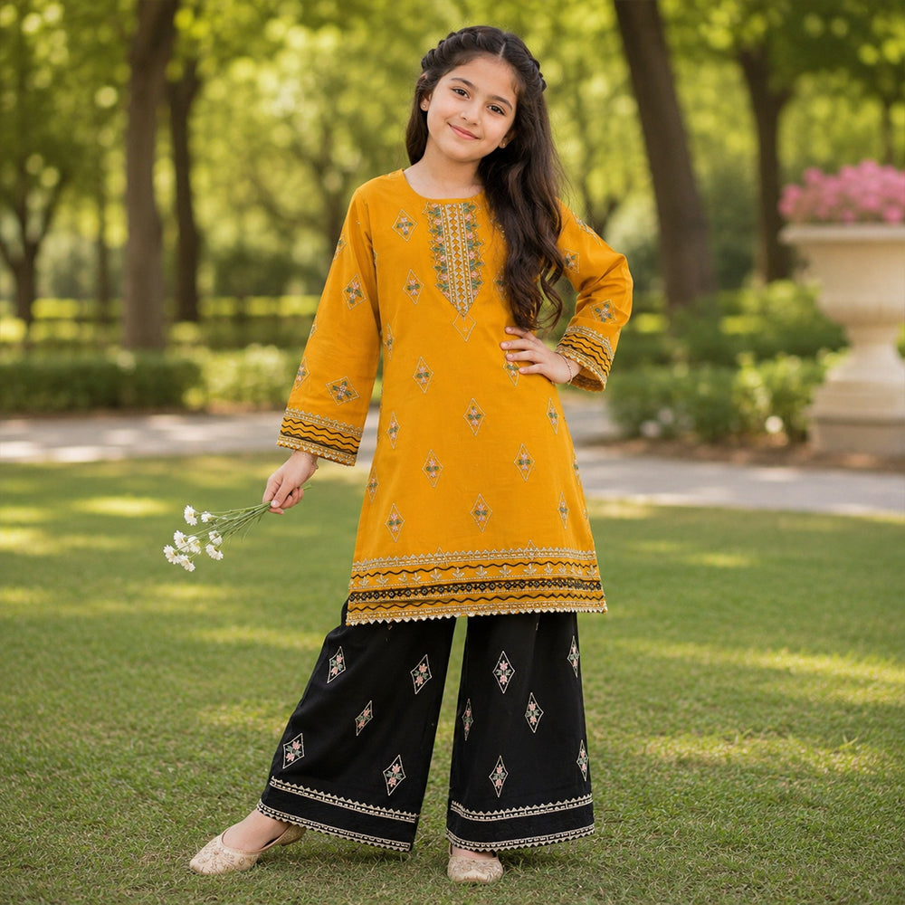 Girls Mustard Yellow & Jet Black Contrast Embroidered 2pc Suit