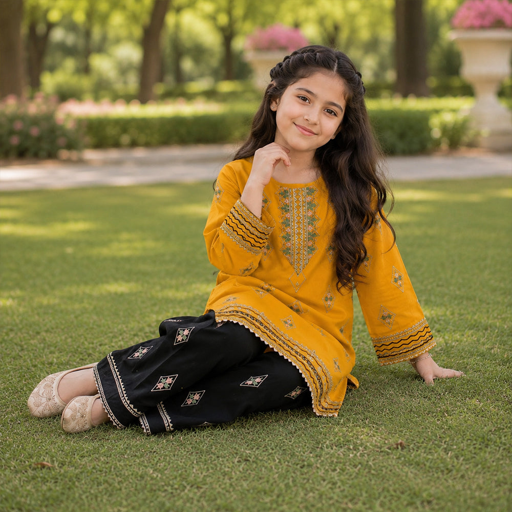 Girls Mustard Yellow & Jet Black Contrast Embroidered 2pc Suit