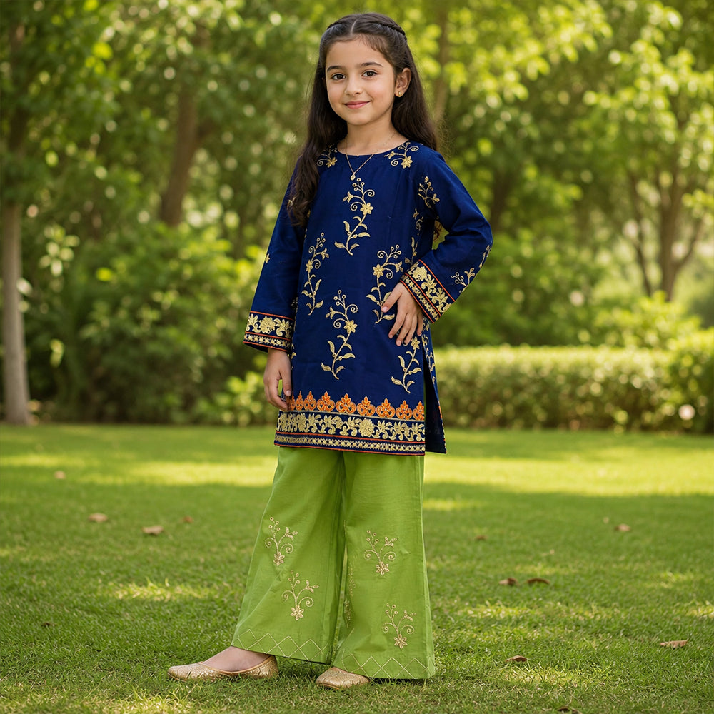 Girls Navy Blue & Lime Green Contrast Embroidered 2pc Suit