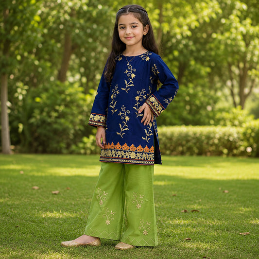 Girls Navy Blue & Lime Green Contrast Embroidered 2pc Suit